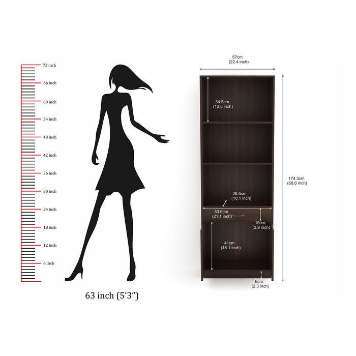 Seonn Bookshelf Cabinet with Storage Shelves & Drawer |Wenge