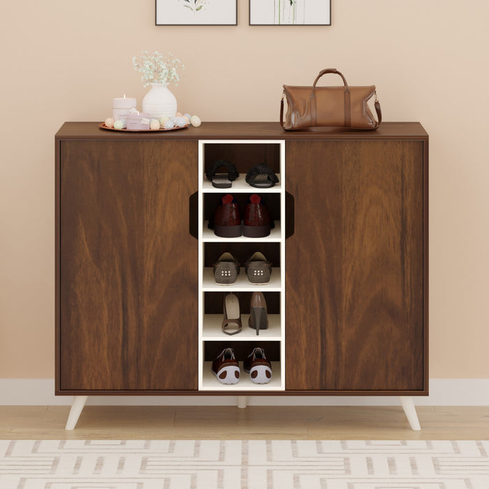 Furlyn Engineered Wood Dual Tone 2 Doors Shoe Rack Cabinet Slipper Footwear Stand Organizer with Handle Less Desgin & 5 Closed Shelves can Store Up to 25 Pairs for Home (Brown Maple & White)