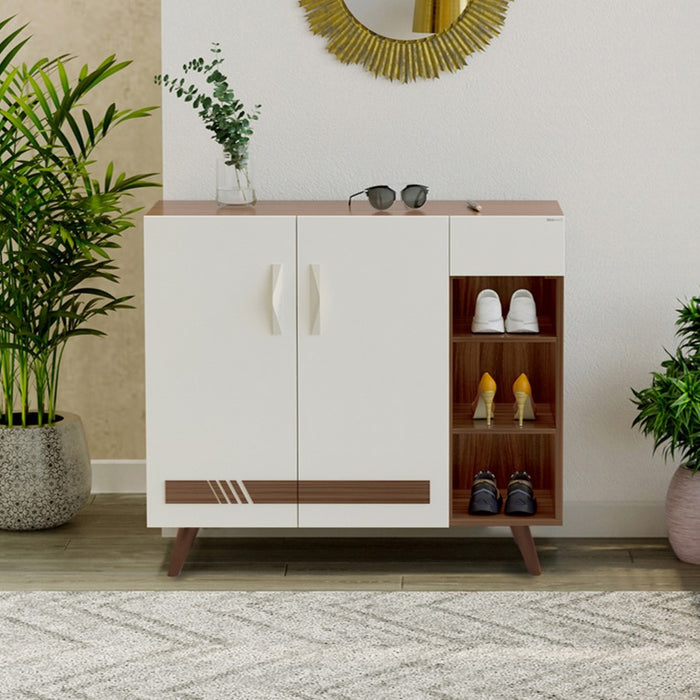 Oleye 2 Doors Shoe Rack Cabinet with Drawer |Walnut & White