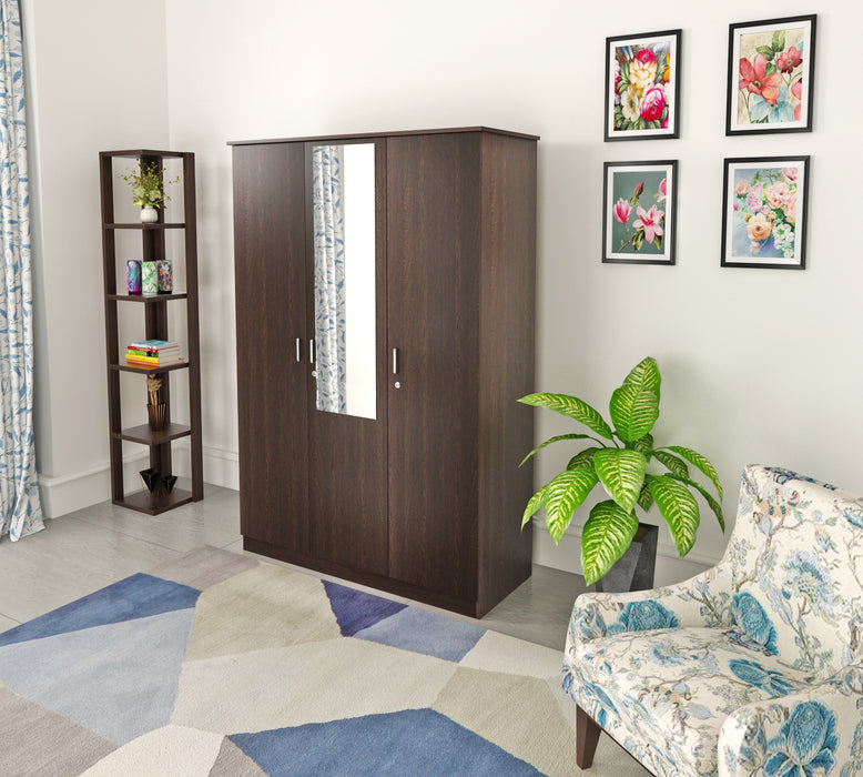 Bluewud Andrie Engineered Wood 3 Door Wardrobe With Full Length Mirror & Drawer (Wenge)