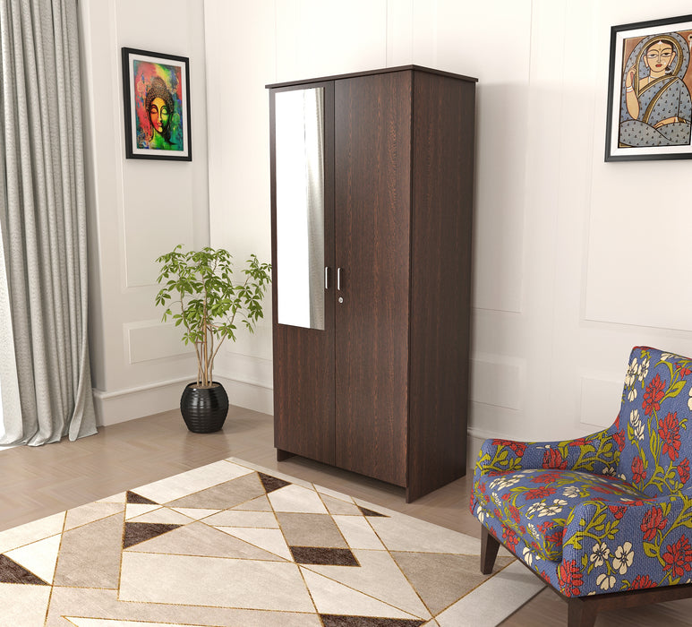 Bluewud Andrie Double Doors Wardrobe with Full Length Mirror and Drawer, (Wenge)