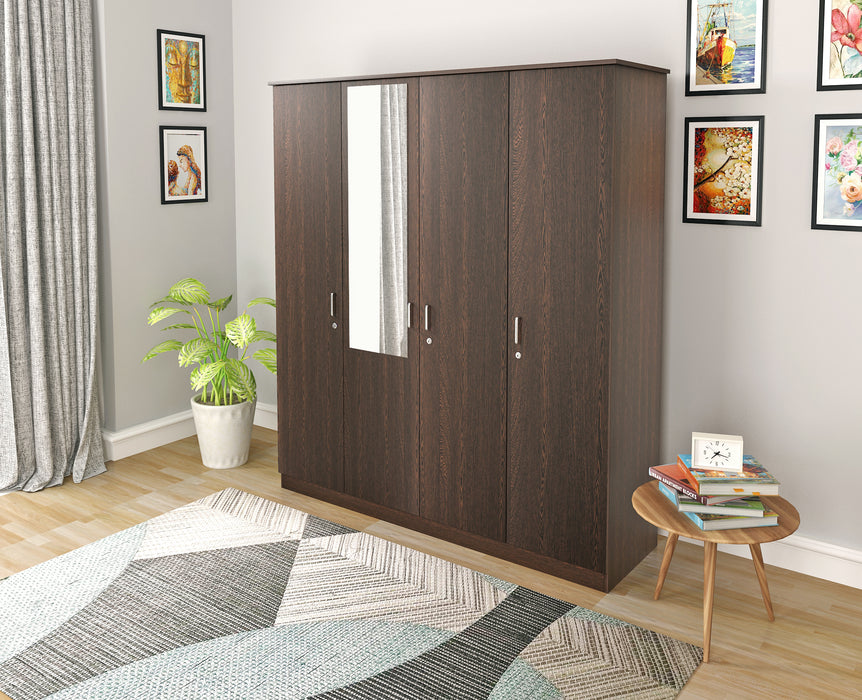 Bluewud Andrie 4 Door Wardrobe with Full Mirror and Drawer (Wenge)