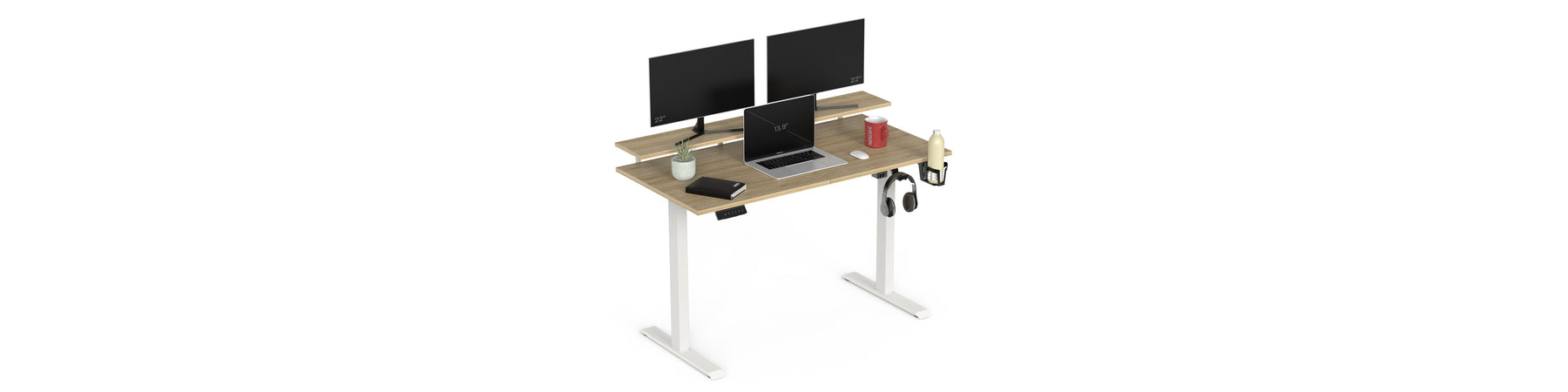 Bluewud Wrick Plus height adjustable study table with a fixed monitor stand, two monitors and a laptop