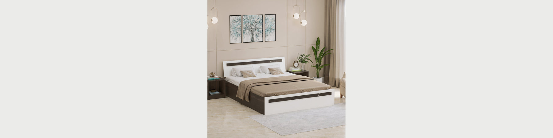 Small bedroom ideas: Bluewud Pollo queen size storage bed in white and wenge with bedside tables in a compact bedroom