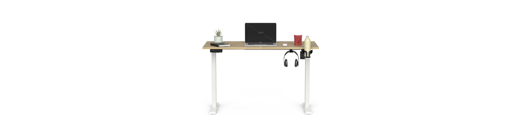 Standing desk for work from home: Bluewud Wrick Solo electric standing desk with a laptop on its European Oak finish top