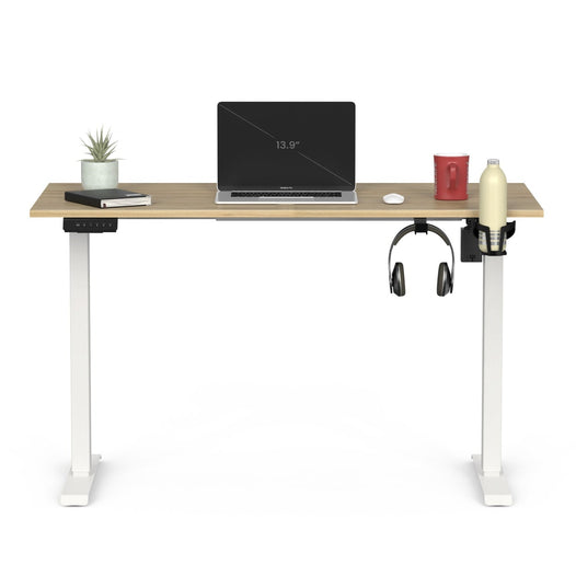 Standing desk for work from home: Bluewud Wrick Solo electric standing desk with a laptop on its European Oak finish top