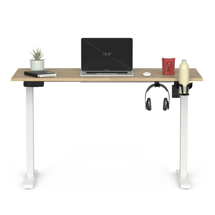 Standing desk for work from home: Bluewud Wrick Solo electric standing desk with a laptop on its European Oak finish top