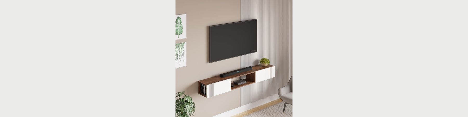 Bluewud Darien wall mounted TV unit with a fluted white storage cabinet and open shelf below a TV in a living room