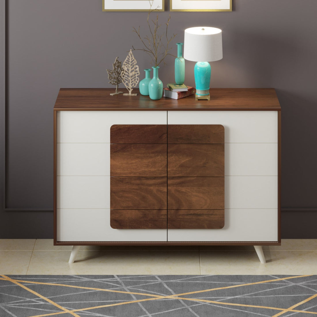 Chest and drawers cabinet with wood and white finish