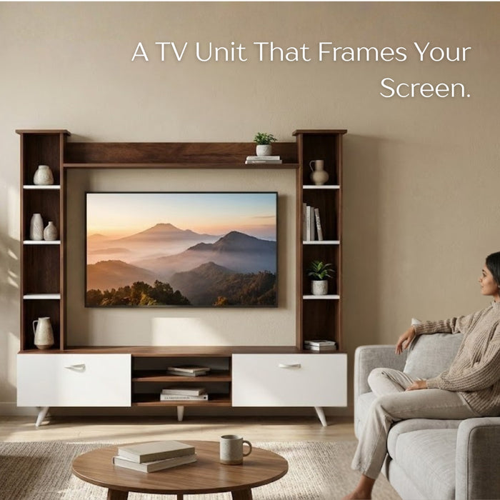 Pinn Engineered Wood TV Entertainment Unit Set Top Box Stand/TV Cabinet with Shelves for Books & Décor Display Unit Bed Living Room Upto 60 Inches - DIY (Brown Maple & White)