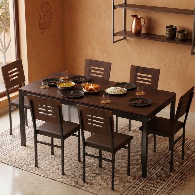 Halven 6 Seater Dining Table Set for Home | Compact Modern Dining Table with 6 Chairs DIY (Do it Yourself) (Brown Maple & Black)