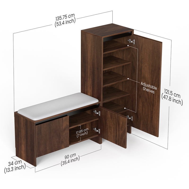 Mavis Wooden Shoe Rack with Cushioned Seating & Tall Storage Cabinet