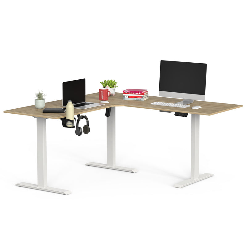 Wrick Electric Automatic L Shape Study Height Adjustable Work Desk (European Oak & White)