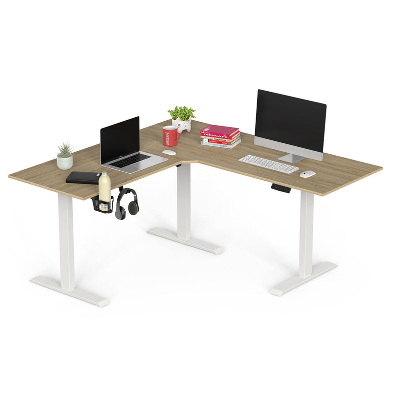 Wrick Electric Automatic L Shape Study Height Adjustable Work Desk (European Oak & White)