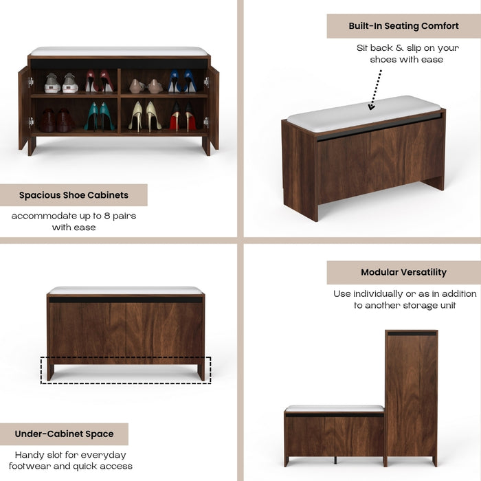 Mavis Wooden Shoe Rack with Cushioned Seat, Shoe Storage Cabinet Organizer, Slipper Footwear Stand for Living Room Home, Upto 10-12 Pairs DIY (Brown Maple) (90 x 34 x 49.7) CM