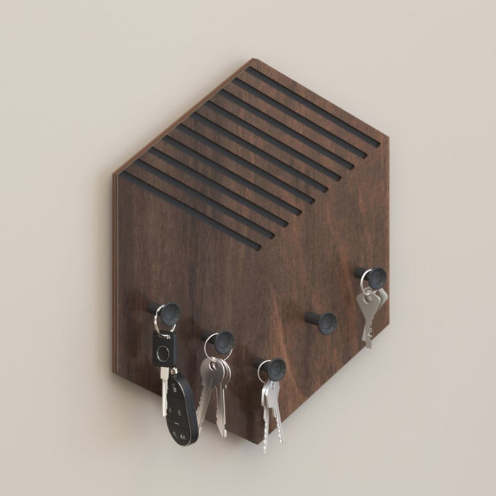 Ramnet Wall Mounted Decor Key Holder Hanger with 5 Hooks & Knobs (Brown Maple with 5 Black Knobs)