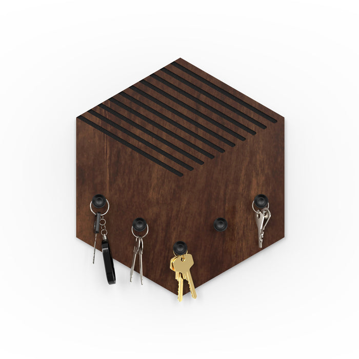Ramnet Wall Mounted Decor Key Holder Hanger with 5 Hooks & Knobs (Brown Maple with 5 Black Knobs)