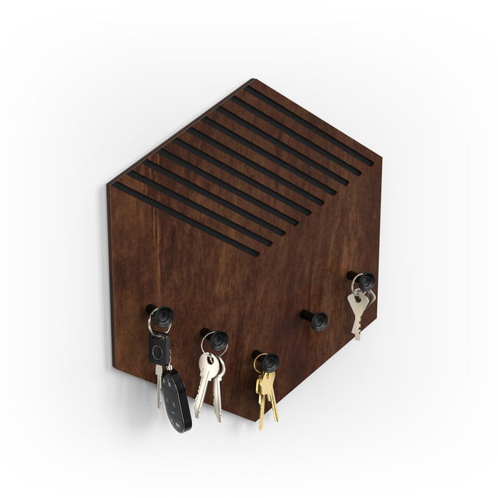 Ramnet Wall Mounted Decor Key Holder Hanger with 5 Hooks & Knobs (Brown Maple with 5 Black Knobs)