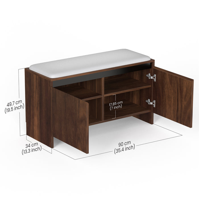 Mavis Wooden Shoe Rack with Cushioned Seat, Shoe Storage Cabinet Organizer, Slipper Footwear Stand for Living Room Home, Upto 10-12 Pairs DIY (Brown Maple) (90 x 34 x 49.7) CM