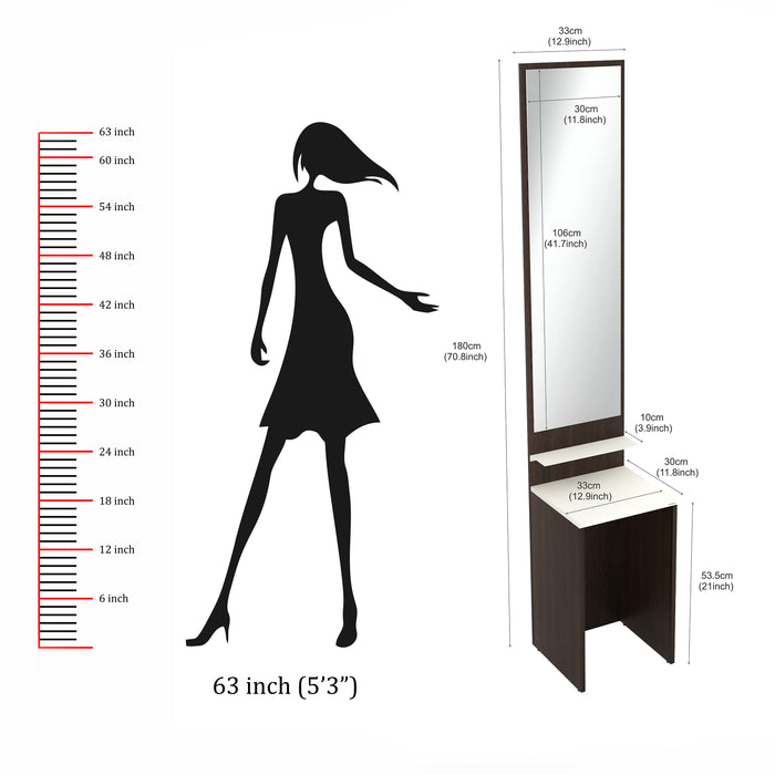 Alesti Engineered Wood Slim Dressing Table Full Length Rectangular Wall Mount Mirror With Utility Shelf (Wenge & White)