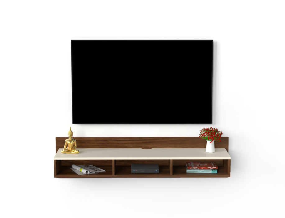 Reynold TV Unit for Living Room with Storage Shelves (Brown Maple & Beige)