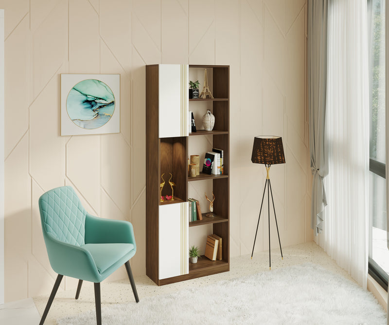 Orivo Bookshelf with LED Light & Closed Storage cabinet (Brown Maple & White)