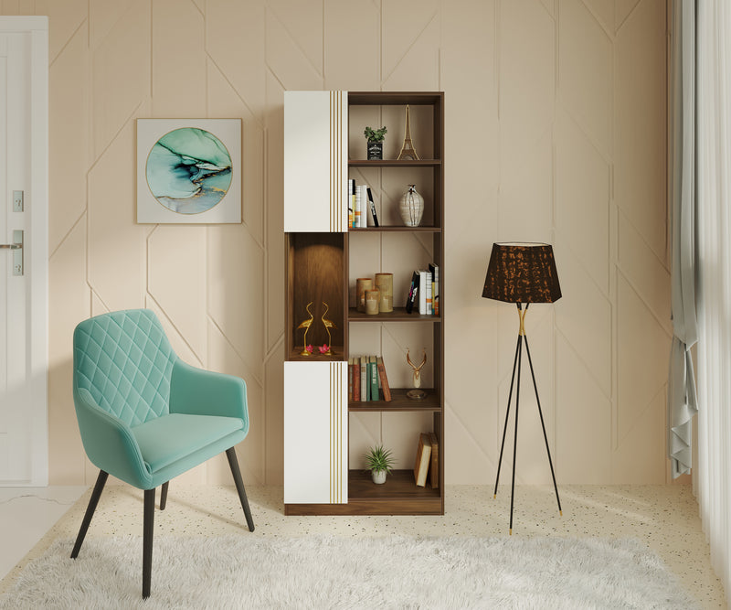 Orivo Bookshelf with LED Light & Closed Storage cabinet (Brown Maple & White)