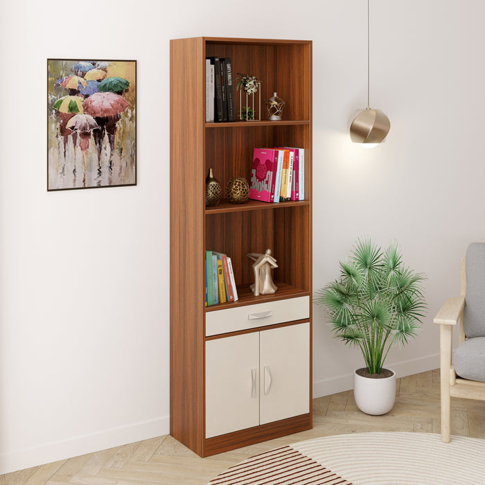 Seonn Bookshelf Cabinet with Storage Shelves & Drawer |Walnut