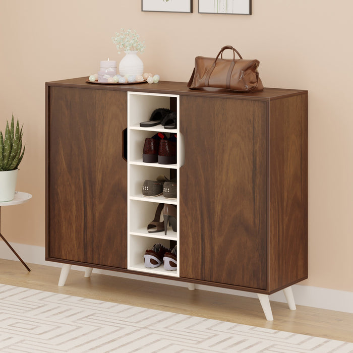 Furlyn Engineered Wood Dual Tone 2 Doors Shoe Rack Cabinet Slipper Footwear Stand Organizer with Handle Less Desgin & 5 Closed Shelves can Store Up to 25 Pairs for Home (Brown Maple & White)