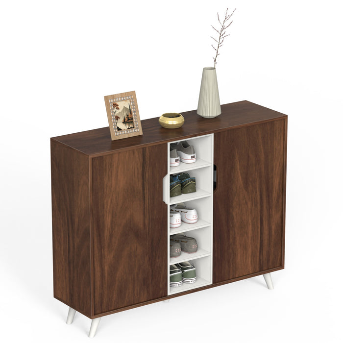 Furlyn Engineered Wood Dual Tone 2 Doors Shoe Rack Cabinet Slipper Footwear Stand Organizer with Handle Less Desgin & 5 Closed Shelves can Store Up to 25 Pairs for Home (Brown Maple & White)