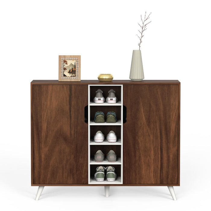 Furlyn Engineered Wood Dual Tone 2 Doors Shoe Rack Cabinet Slipper Footwear Stand Organizer with Handle Less Desgin & 5 Closed Shelves can Store Up to 25 Pairs for Home (Brown Maple & White)