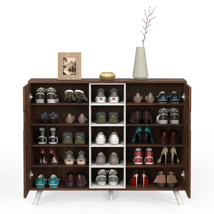 Furlyn Engineered Wood Dual Tone 2 Doors Shoe Rack Cabinet Slipper Footwear Stand Organizer with Handle Less Desgin & 5 Closed Shelves can Store Up to 25 Pairs for Home (Brown Maple & White)