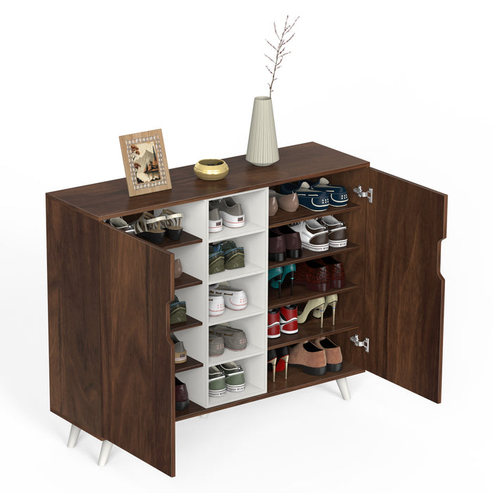 Furlyn Engineered Wood Dual Tone 2 Doors Shoe Rack Cabinet Slipper Footwear Stand Organizer with Handle Less Desgin & 5 Closed Shelves can Store Up to 25 Pairs for Home (Brown Maple & White)