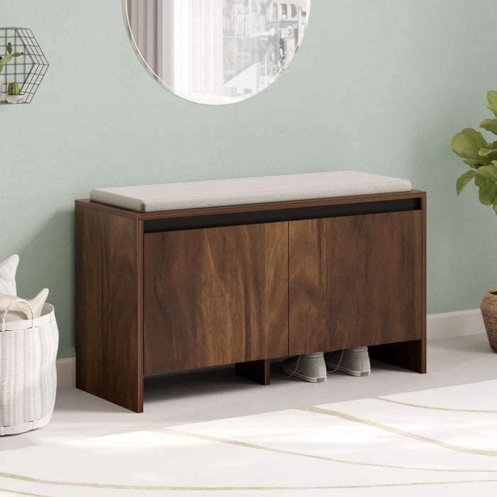 Mavis Wooden Shoe Rack with Cushioned Seat, Shoe Storage Cabinet Organizer, Slipper Footwear Stand for Living Room Home, Upto 10-12 Pairs DIY (Brown Maple) (90 x 34 x 49.7) CM