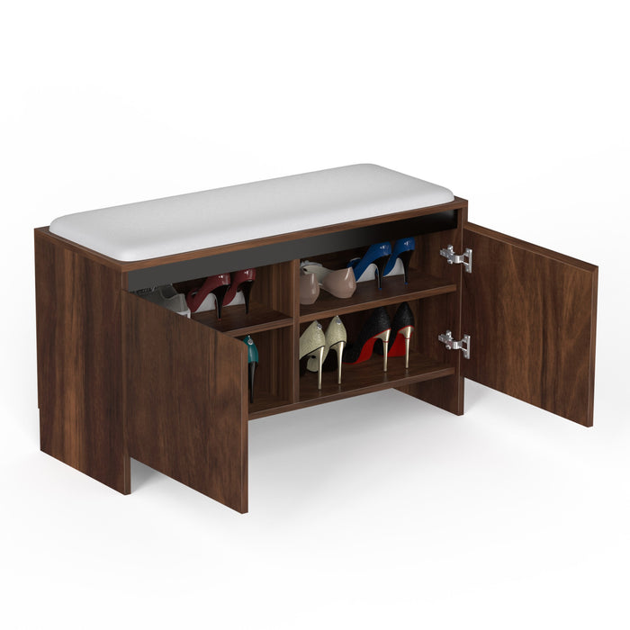 Mavis Wooden Shoe Rack with Cushioned Seat, Shoe Storage Cabinet Organizer, Slipper Footwear Stand for Living Room Home, Upto 10-12 Pairs DIY (Brown Maple) (90 x 34 x 49.7) CM