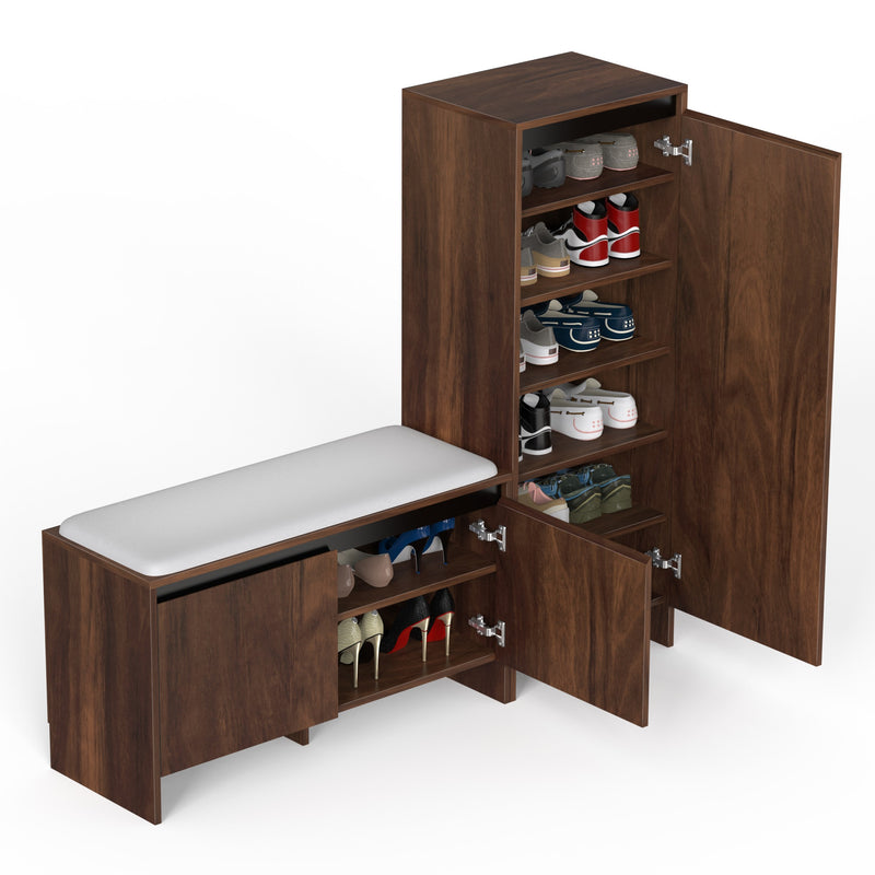Mavis Wooden Shoe Rack with Cushioned Seating & Tall Storage Cabinet