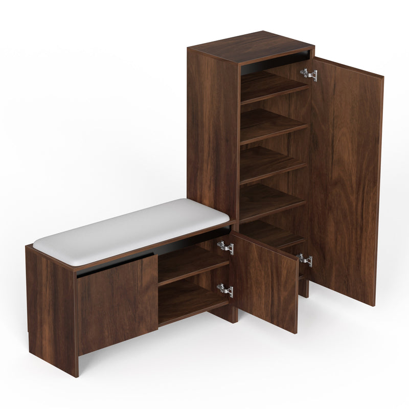 Mavis Wooden Shoe Rack with Cushioned Seating & Tall Storage Cabinet