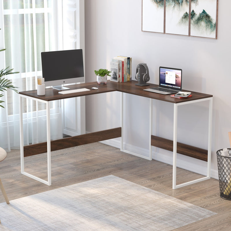 Corbyn L-Shape Study Computer Laptop Table for Home or Office (Brown Maple with White Metal Legs)