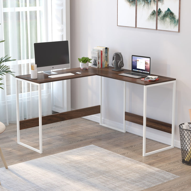 Corbyn L-Shape Study Computer Laptop Table for Home or Office (Brown Maple with White Metal Legs)
