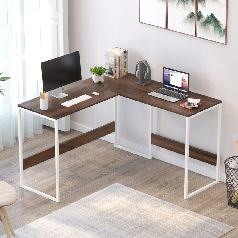 Corbyn L-Shape Study Computer Laptop Table for Home or Office (Brown Maple with White Metal Legs)