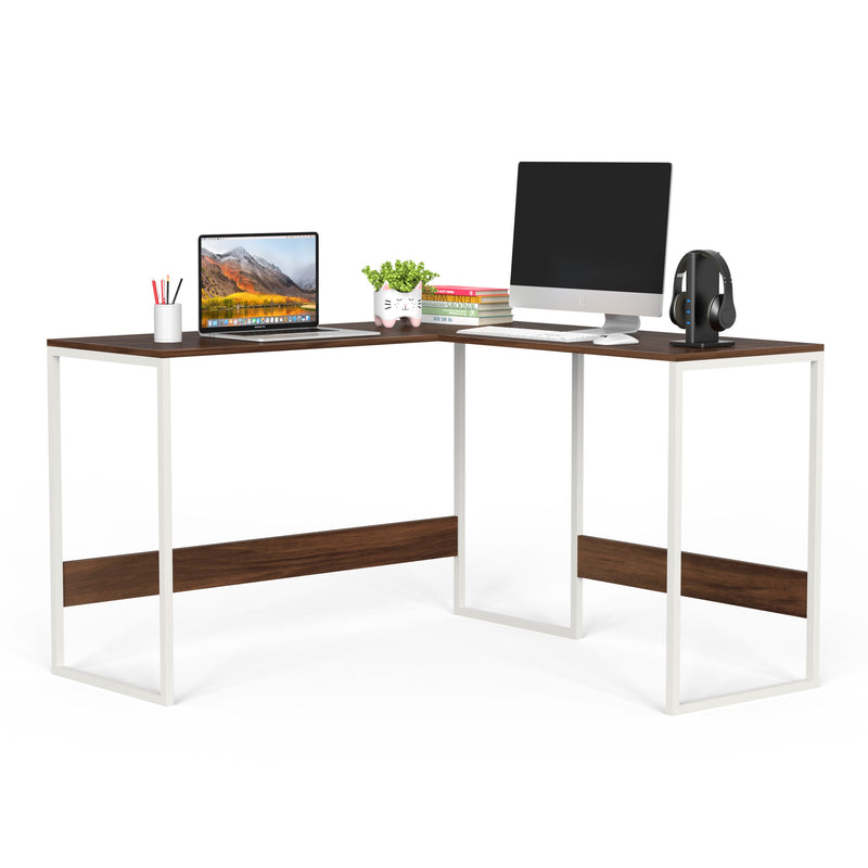 Corbyn L-Shape Study Computer Laptop Table for Home or Office (Brown Maple with White Metal Legs)