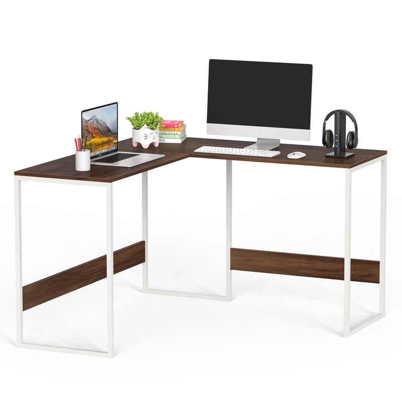 Corbyn L-Shape Study Computer Laptop Table for Home or Office (Brown Maple with White Metal Legs)