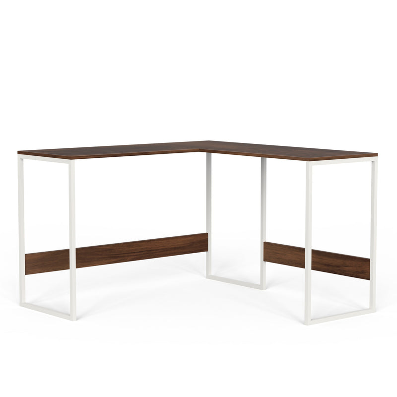 Corbyn L-Shape Study Computer Laptop Table for Home or Office (Brown Maple with White Metal Legs)