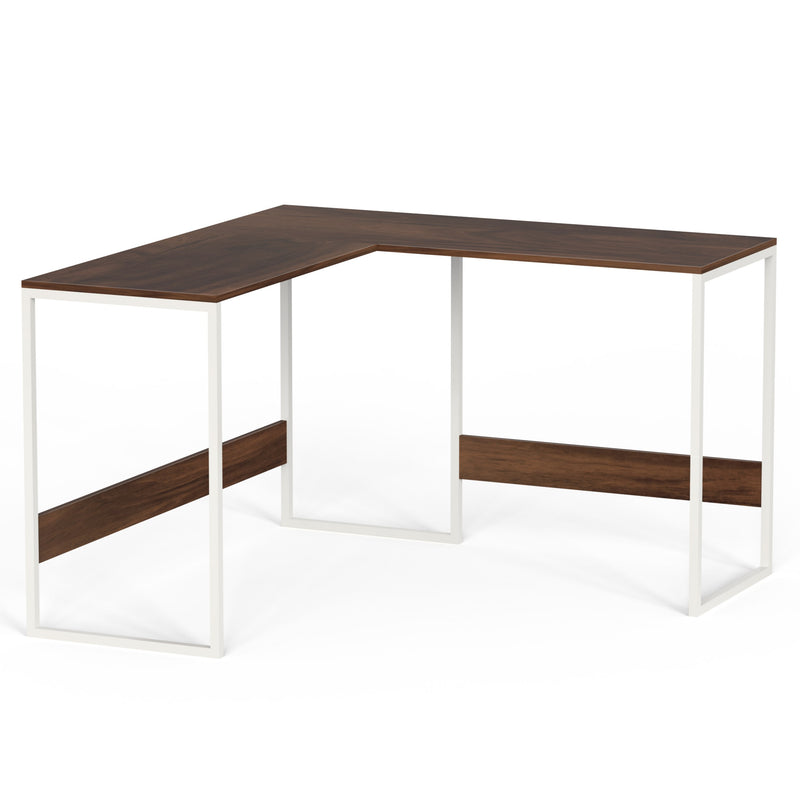 Corbyn L-Shape Study Computer Laptop Table for Home or Office (Brown Maple with White Metal Legs)