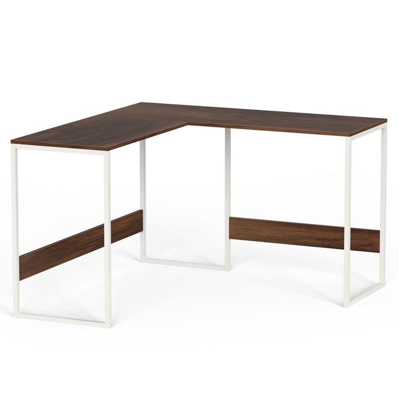 Corbyn L-Shape Study Computer Laptop Table for Home or Office (Brown Maple with White Metal Legs)