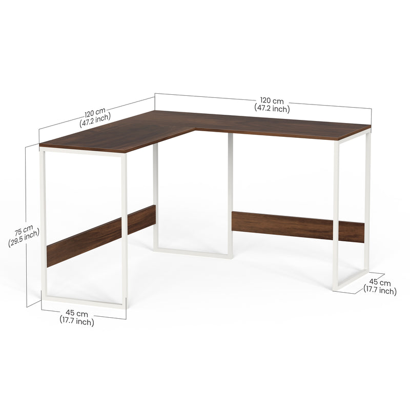 Corbyn L-Shape Study Computer Laptop Table for Home or Office (Brown Maple with White Metal Legs)