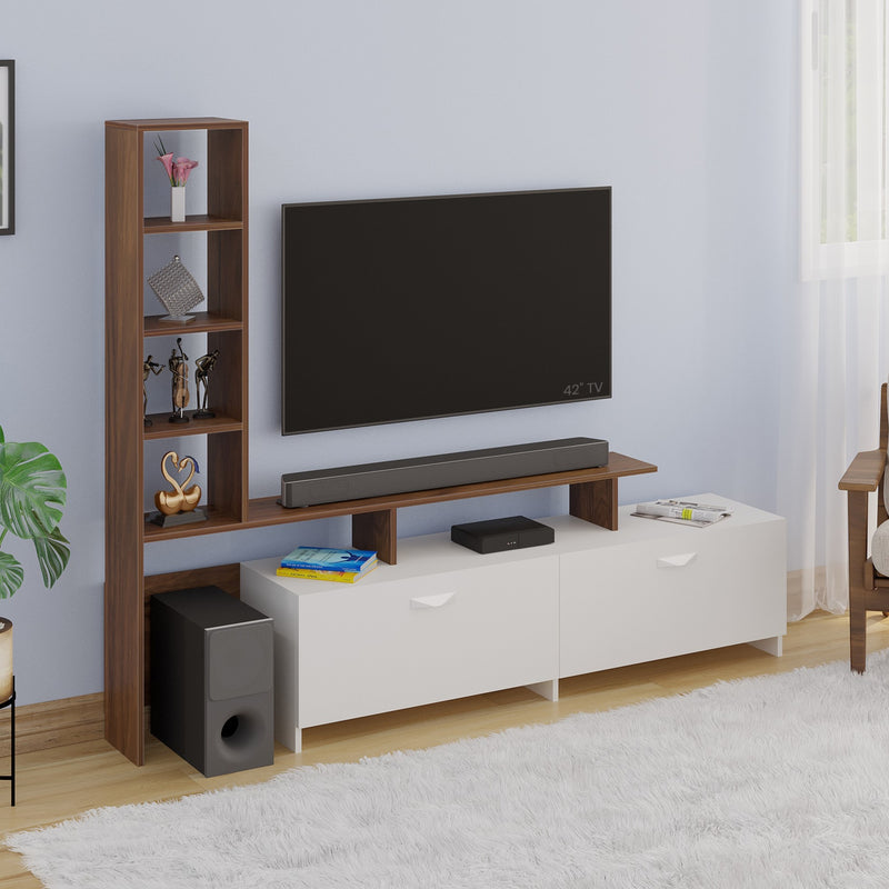 Amy TV unit cabinet with shelves for books & décor display , ideal for 65 inches TV- DIY (Brown Maple & White)