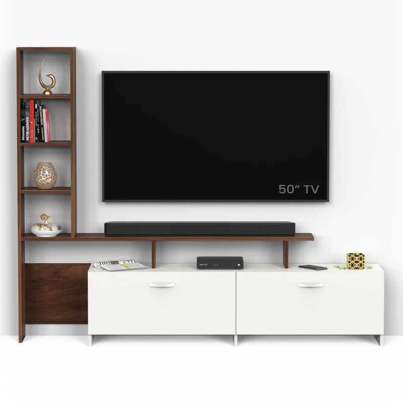 Amy TV unit cabinet with shelves for books & décor display , ideal for 65 inches TV- DIY (Brown Maple & White)