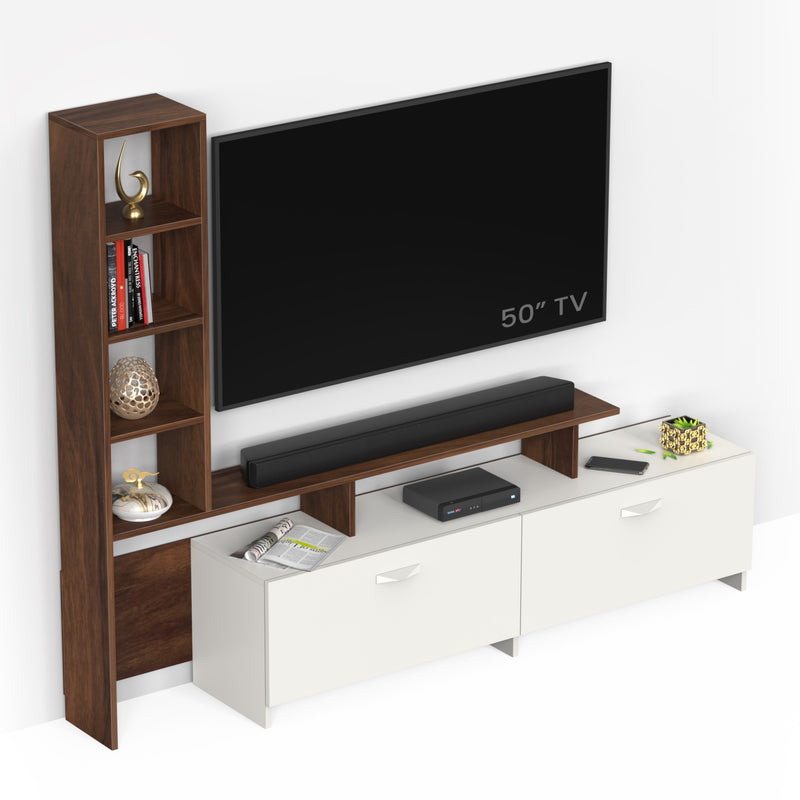 Amy TV unit cabinet with shelves for books & décor display , ideal for 65 inches TV- DIY (Brown Maple & White)