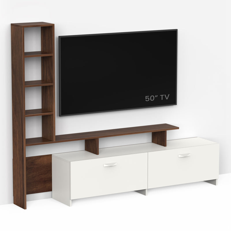 Amy TV unit cabinet with shelves for books & décor display , ideal for 65 inches TV- DIY (Brown Maple & White)